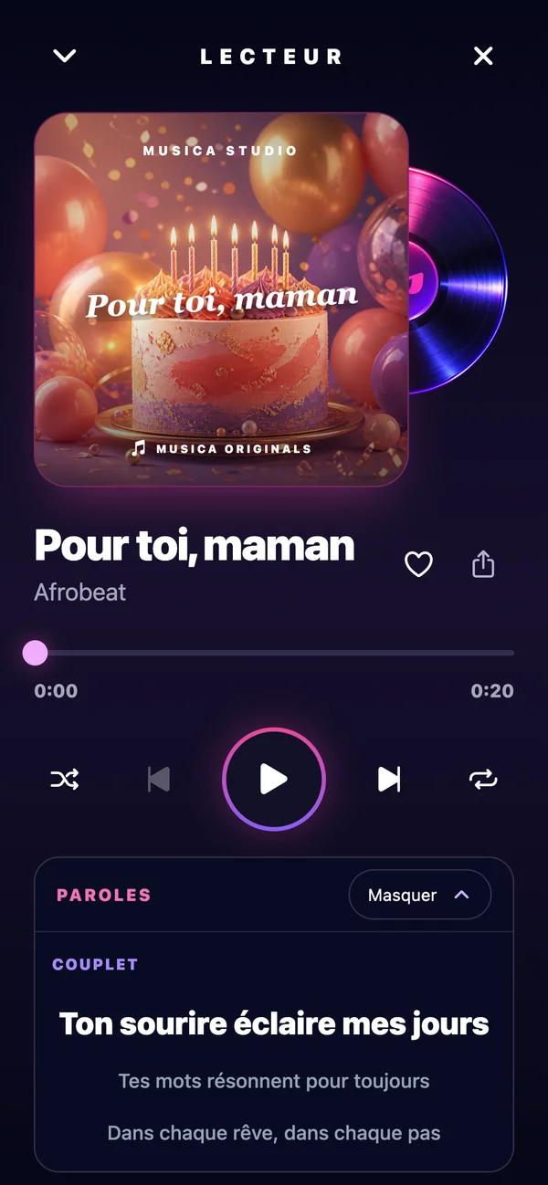 Le lecteur de l’application Musica et sa chanson personnalisée